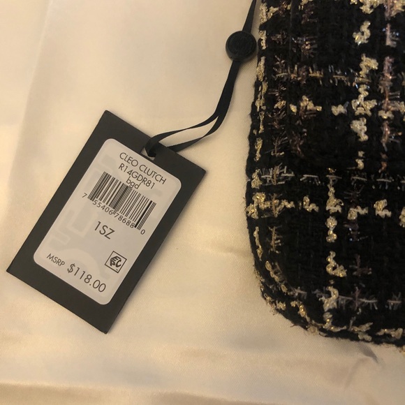 DKNY Cleo Clutch Black & Gold Tweed Gold Tone Chain & Logo Charm NWT - Picture 5 of 10